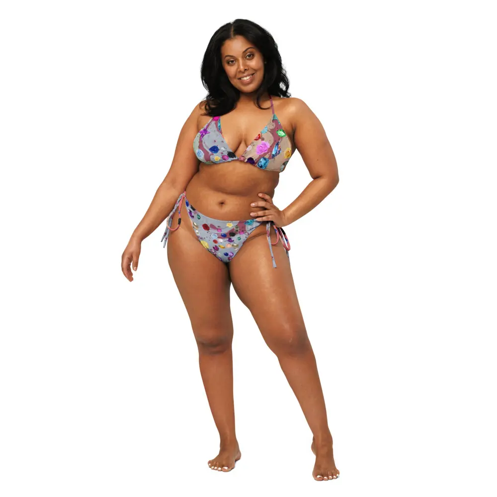 Women's Recyclable Jeweled Print String Bikini Set - Machine Washable Swimwear with Side Ties, Removable Padding, UPF 50+, Stretch Fit, Sizes 2XS, 3XL, 4XL, 5XL, 6XL (Elastane Fabric)