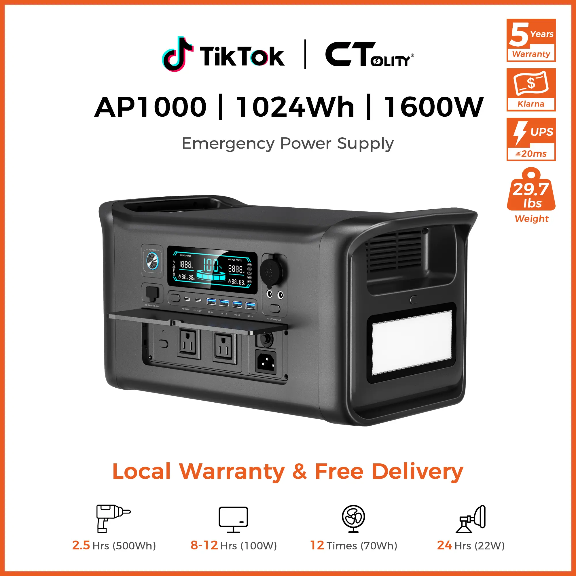 [Summerfinds]CTOLITY AP1000 1600W,1024Wh Portable Power Station,LiFePO4(LFP)Battery,Full Charge in 1 Hr,1600W AC/100W USB-C Output,1000W AC Input,Solar Generator for Home Back up Power,Camping,Travel,RVs&Emergencies Power Bank Plug Plug Plug