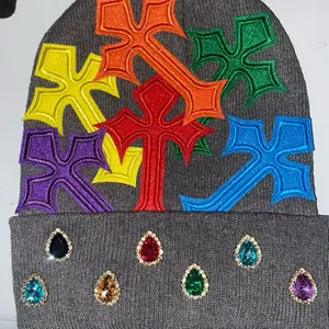 Halo Wear Grayson Beanie Cross Style Hat with Colorful Embroidered Crosses and Sparkling Gemstone Accents