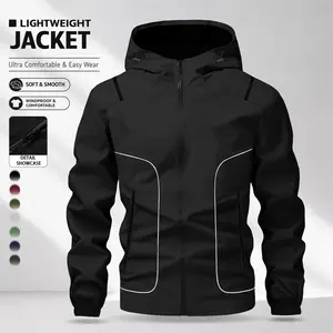 Men’s Reflective Strip Hooded Functional Jacket Lightweight Wear-Resistant Fabric Zipper Pockets Two Side Drawcord Design Sporty Comfortable Versatile Spring/Summer Style Hooded Jacket Suitable for Mountaineering and Outdoor Activities