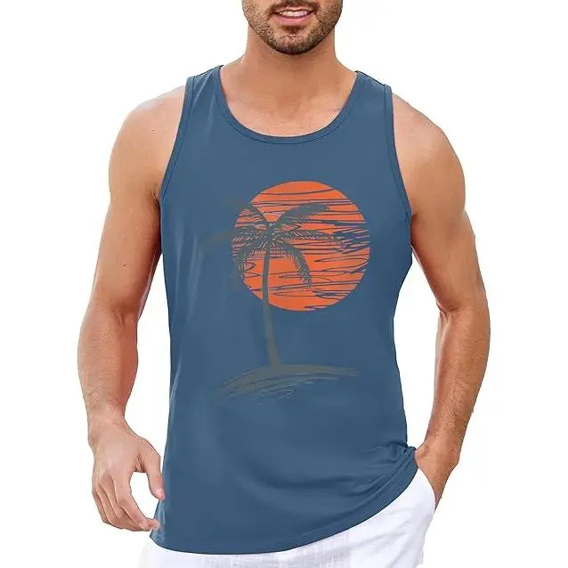 Runcati Mens Sleeveless Tank Tops Workout Gym Shirts Palm Tree Vintage Style T-Shirt
