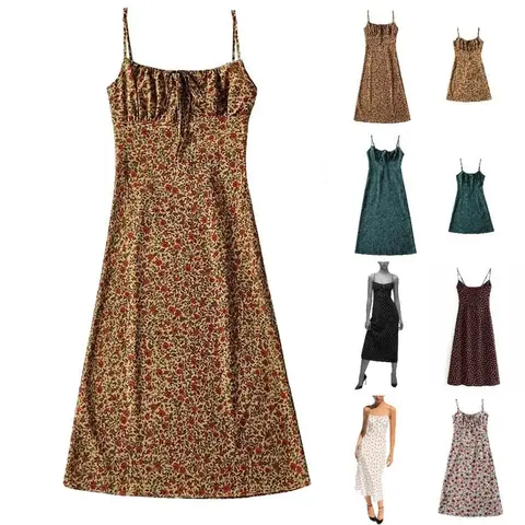 JovenPara Women's Floral Dress Low-Cut Square Neck Spaghetti Strap Tie Bodycorn 90s Y2k Sun Dresses Springfresh Casual Wear Women's Slip Summer Dress with Adjustable Straps & Elastic Neckline Vintage Sleeveless