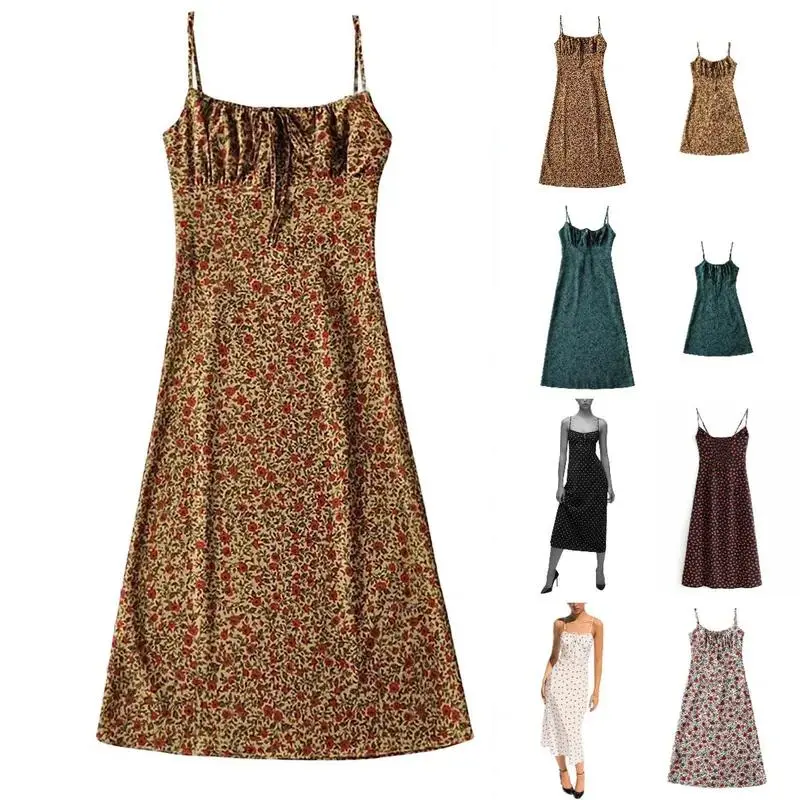 JovenPara Women's Floral Dress Low-Cut Square Neck Spaghetti Strap Tie Bodycorn 90s Y2k Sun Dresses Springfresh Casual Wear Women's Slip Summer Dress with Adjustable Straps & Elastic Neckline Vintage Sleeveless