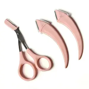 Eyebrow Shaving & Trimmer Kit for Beginners, Bathroom Grooming Kit, 2 Pink Curved Razors + Eyebrow Scissors, Stainless Steel Blades, No Cuts, Salon Recommended, Smooth Shaping, Perfect Brows product tiktokshopspringglowup