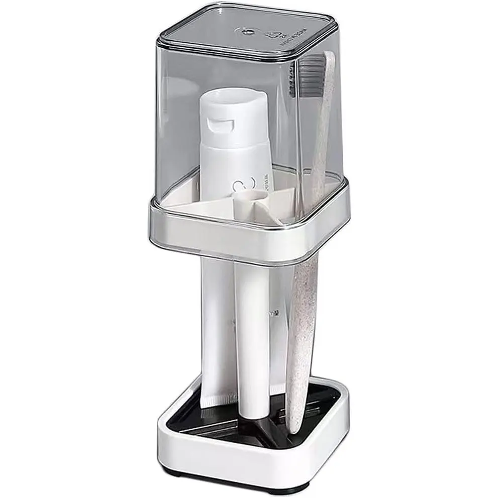 Dustproof Toothbrush Holder - Lidded Bathroom Accessory with 3 Slots & Cup, Compact Counter Organizer for Storing Toothbrushes, Toothpaste, Razors & Combs, Space-Saving Easy-Clean Washroom Sink Toiletry Storage, Dustproof Toothbrush Holders