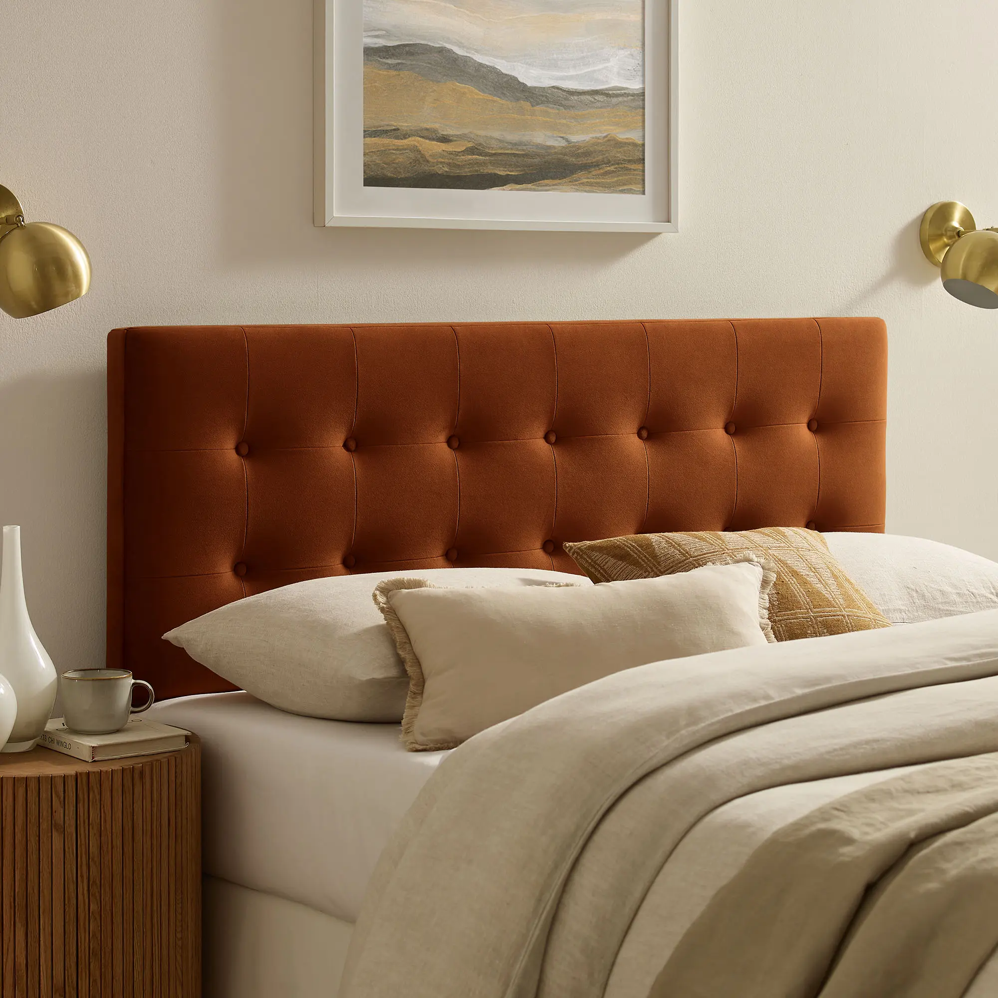 Emily Stain-Resistant Performance Velvet Queen Size Headboard in Rust