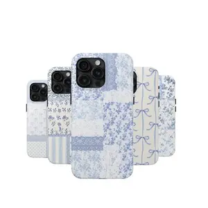 Pastel Blue Patchwork iPhone Case Collection - Toile, Bow, Cow Print, Floral & Lace Aesthetic - Slim, Durable Cover for iPhone  17 Pro Max Plus Air/16/15/14/13/12/11/X and other series models. Can be given as a holiday gift to friends or family.