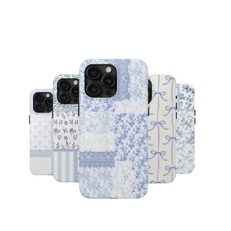 Pastel Blue Patchwork Rubber Smartphone Case, Slim Durable Shockproof Protector for iPhone 17 Pro Max Plus/16/15/14/13/12/11/X Series - Toile, Bow, Cow Print, Floral, Lace Aesthetic, Wireless Charge Accessory, Holiday Gift for Friends, Resistance, Protect