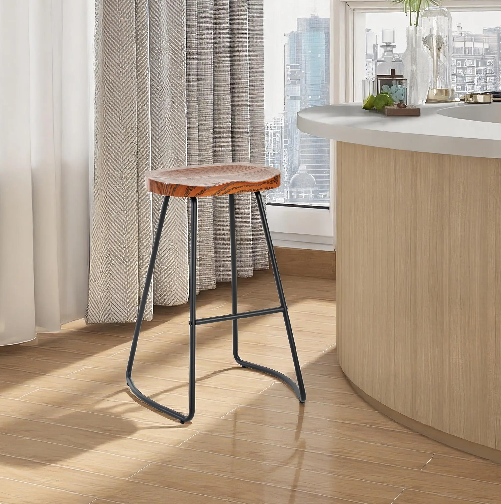 Sweetcrispy Wood-2p Bar Stool Set, 2-Piece 26" High Backless Saddle-Seat Counter Height Barstools, Modern Stable Metal & Wood Indoor Chairs, Ergonomic, Portable, Leg Relief for Home Bar, Kitchen