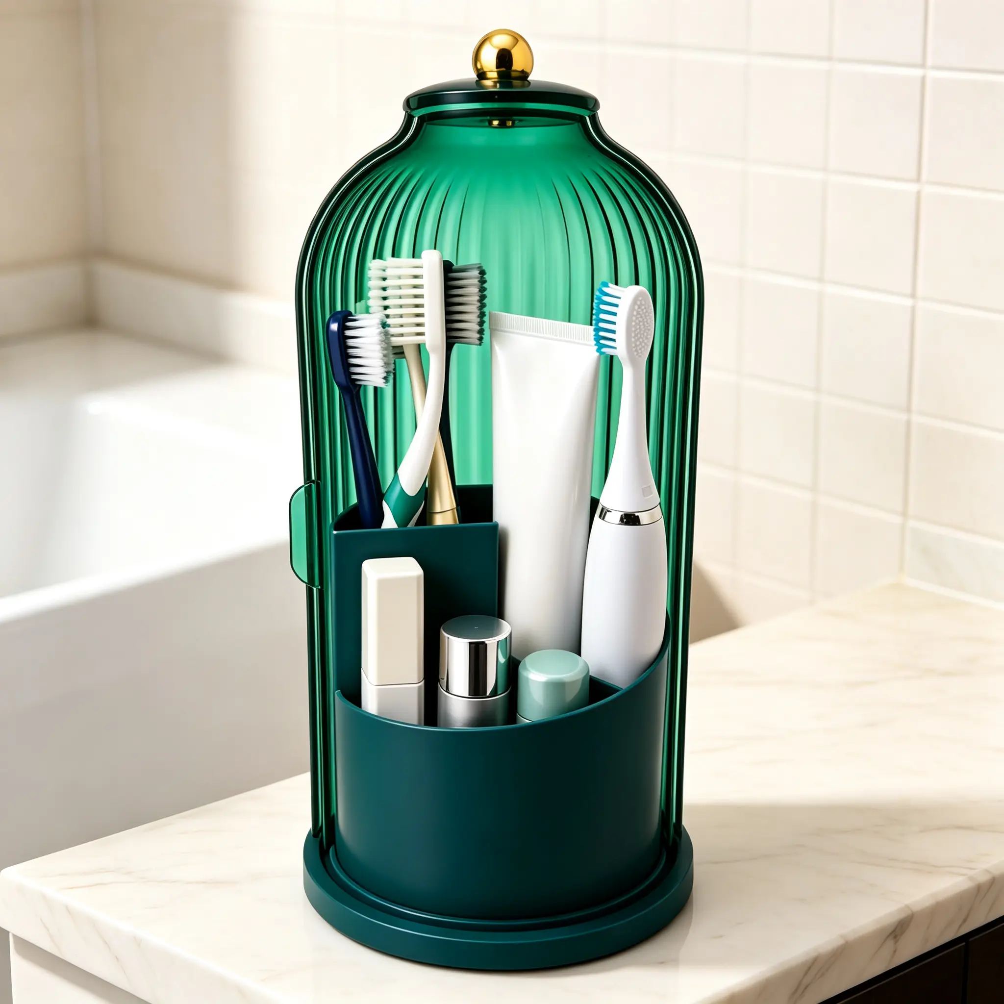 Dustproof Toothbrush Holder with Rotating Clear Cover, 360° Swivel Electric Toothbrush Toothpaste and Makeup Brush Storage Caddy, Compact Multi-Functional Bathroom Vanity Countertop Organizer, Small Space Apartment Dorm Essentials
