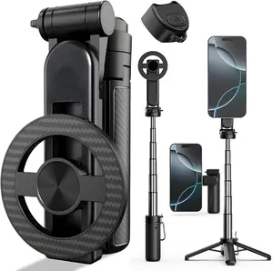 Magnetic Pocket Selfie Stick 4-in-1 Multi-Functional Universal 360° Rotating Mobile Tripod with Wireless Bluetooth Remote Control Portable Expandable Tripod for Video Recording and Vlog Compatible with Most iPhones and Android Devices
