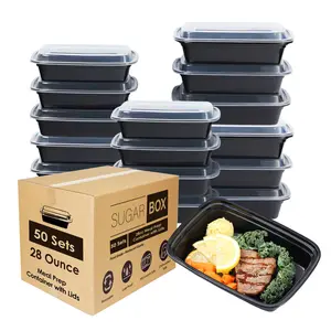 28oz 50 pk Rectangle Black Meal Prep Containers with Lids, Party Plates, Catering Plates, Reusable, Stackable, and Microwave Safe