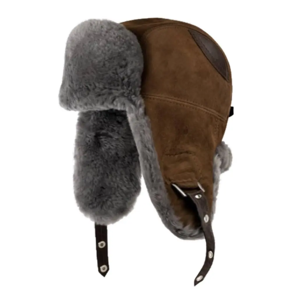 Premium Handmade Unisex Sheepskin Fur Trapper Hat - Genuine Solid Suede Leather, Natural Fur Lined Aviator Cap, Unisex Size