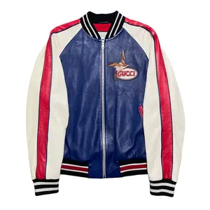 Women's Gucci Leather Varsity Jacket, Red Blue White, with Embroidered Bird Patch