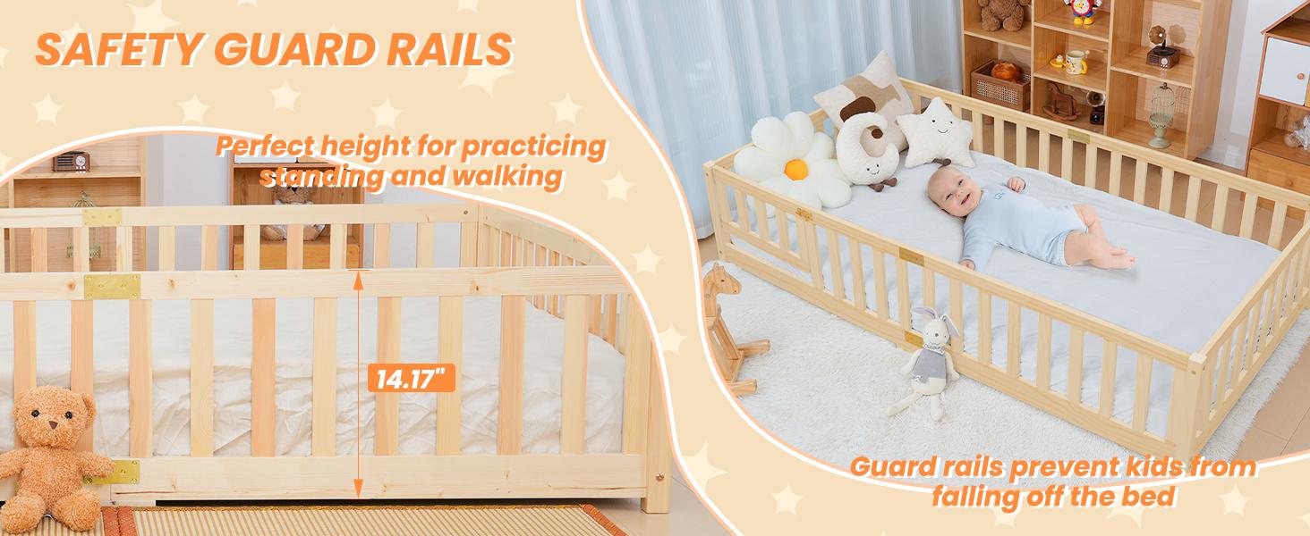 Naudacaa Twin/Full Size Montessori Floor Bed for Kids Solid Wood Frame with Fence Door & Safety Guardrails CPC Certified