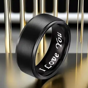 Elegant Women Men's 8MM Titanium Steel 'I Love You' Engraved Ring - Romantic Black Band with Creative Lettering, Ideal for Wedding, Anniversary & Valentine's Day Gift