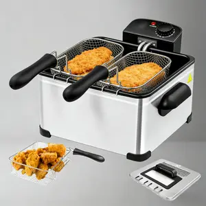 5-liter frying pan with basket, 1400W electric frying pan with oil filter, lid with observation window, adjustable timer and temperature, small silver desktop frying pan for household kitchen