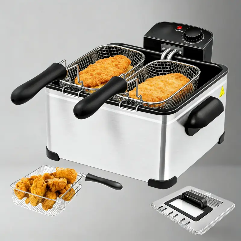 Stainless Steel Electric Fryer - Kitchen Appliances, 5L Capacity, 1400W, Fry Basket, Oil Filter, Observation Window Lid, Adjustable Timer & Temperature, Small Silver Desktop Household Model