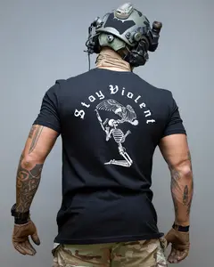 Stay Violent Tactical T Shirt Featuring Skeleton Warrior With Rifle And Eagle Graphic, Aggressive Military Streetwear Design Symbolizing Strength Defiance Combat Spirit And Modern Tactical Operator Lifestyle