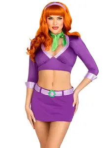 Leg Avenue Meddling Cutie Daphne Halloween Costume - Purple Dress with Crop Top, Green Scarf, and Purple Accessories for Babe Style
