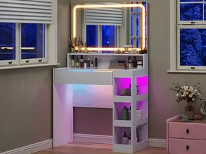 HUAYING Makeup Vanity with Mirror and Lights, with RGB Glass Cabinet, Vanity Desk with 3 Color Lighting Modes & Adjustable Brightness,3 open storage shelves Bedroom Dressing Table