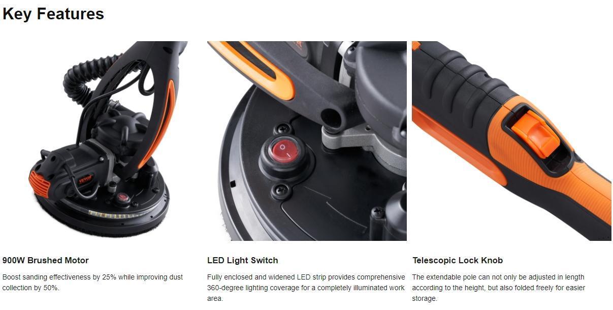 VEVOR Electric Drywall Sander 900W, Self-Suction & Variable Speed 800-1800 RPM, Foldable Handle & Self-Suction, with LED Strip Light and Vacuum Bag Power Tool VEVOR Super Brand Day VEVOR Electric Drywall Sander 900W, Self-Suction & Variable Speed 800-1800 RPM, Foldable Handle & Self-Suction, with LED Strip Light and Vacuum Bag Power Tool VEVOR Super Brand Day