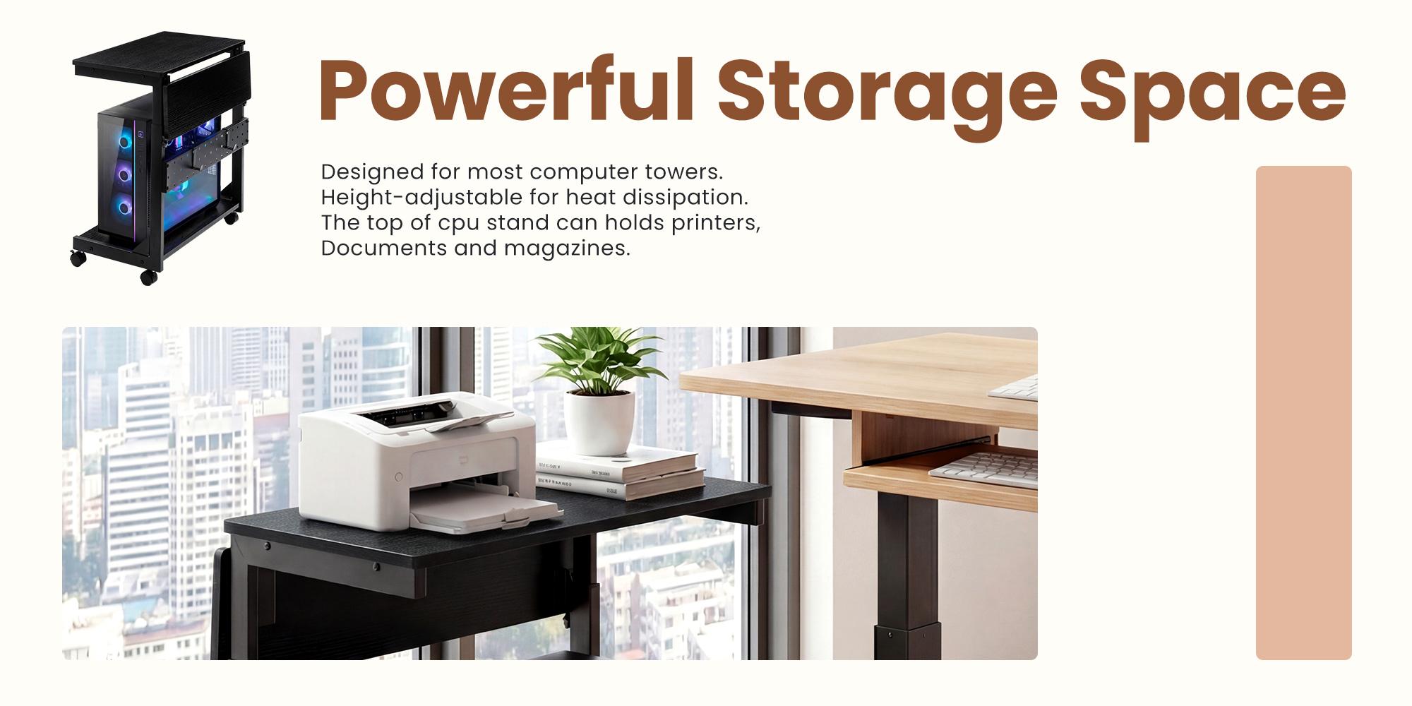 2-Tier Tower Stand, Height Adjustable PC Stand, Computer Cart with Folding Panel, Side Table with Wheels, Pegboard, Hooks and Mouse Pad