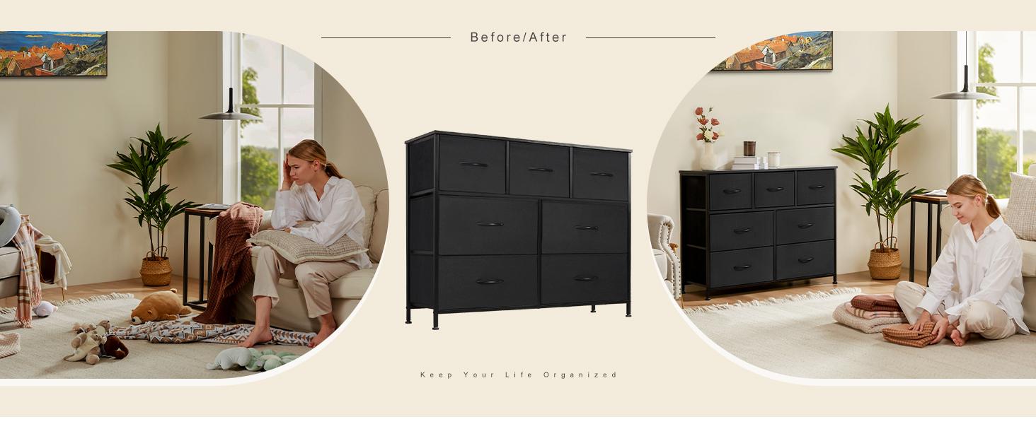 【Value】Organizer Storage, Chest Fabric Bins, Long Dresser with Wood Top for Bedroom, Closet, Entryway, 7-Drawers dressers