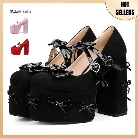 AOSPHIRAYLIAN Women's Suede Mary Janes Shoes - Stylish Chunky High Heels with Bow Buckle, Platform Goth Party Gladiator Dress Uniform Oxfords