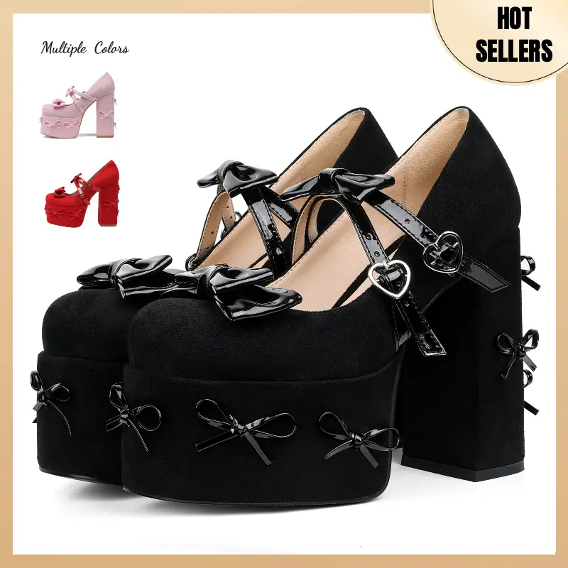 Platform Mary Jane Shoes for Women Cute Bow Buckle High Chunky Heel Cute Suede Dress Shoes Goth Pumps Shoes Uniform Oxfords Outdoor AOSPHIRAYLIAN Women's Bow Buckle Platform Shoes