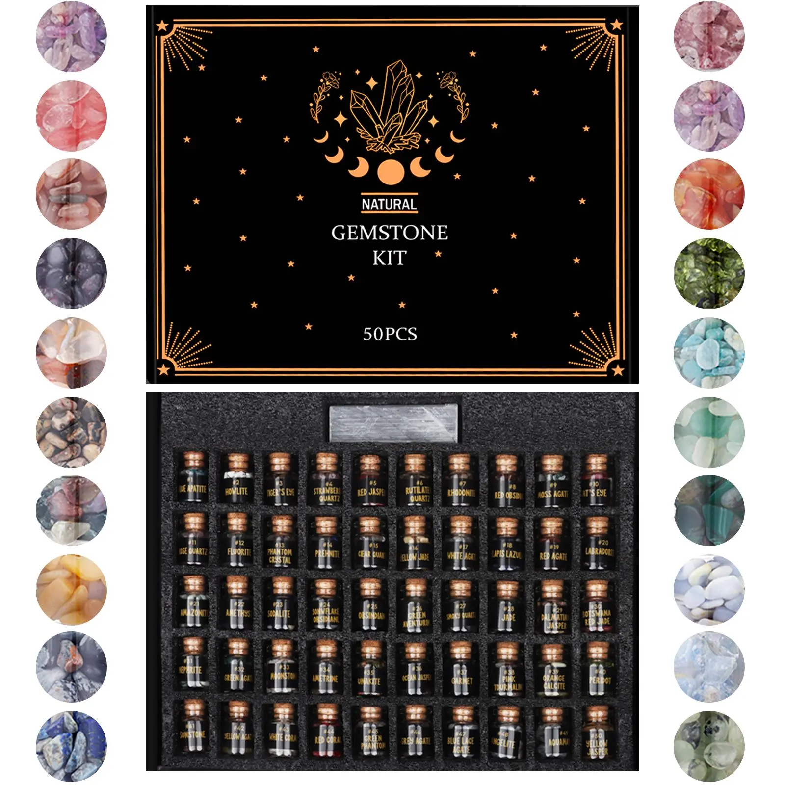 50-Piece Genuine Crystal & Gemstone Starter Vault Set - Authentic Healing Minerals in Glass Vials, Mystical Altar Display for Spirituality-Focused Fortune Telling Toy Enthusiasts