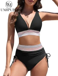 UMIPUBO Shop Women's Bikini Sets V Neck 2 Piece Swimsuits High Waisted Color Block Drawstring Bathing Suits Tummy Control Swimwear SwimWeek summerwins