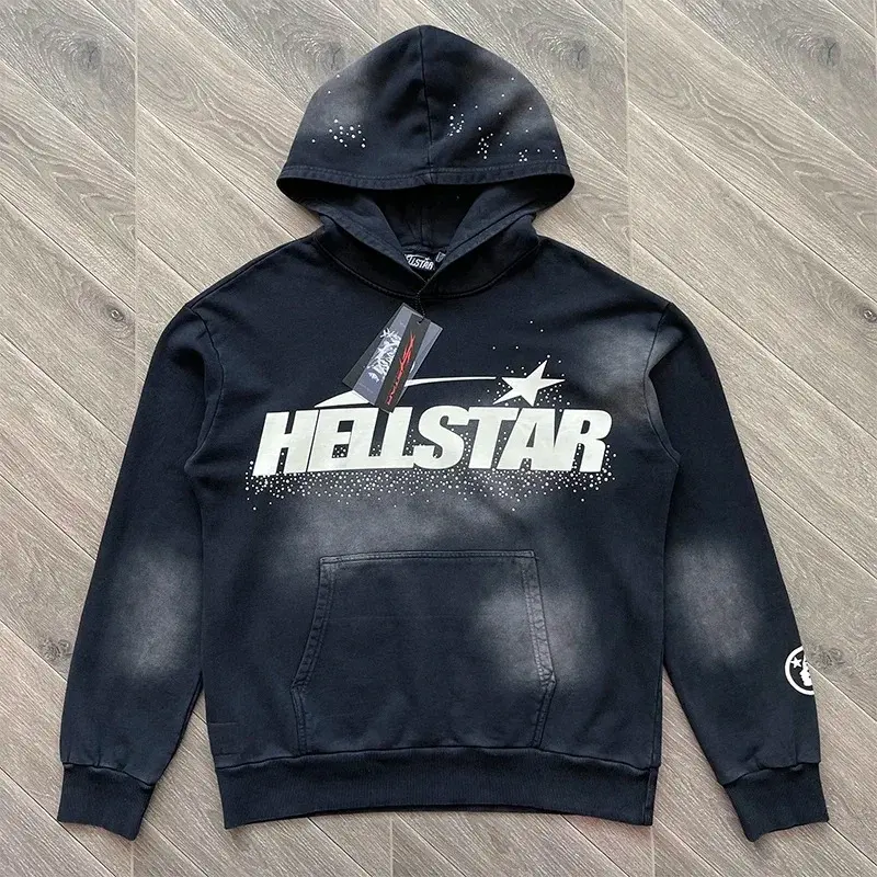 Made-to-order Hellstar Washed Graphic Hoodie, Y2K Streetwear Pullover for Men Women, Vintage Oversized Hooded Sweatshirt with Bold Logo Print, Kangaroo Pocket Casual Hip Hop Hoodie