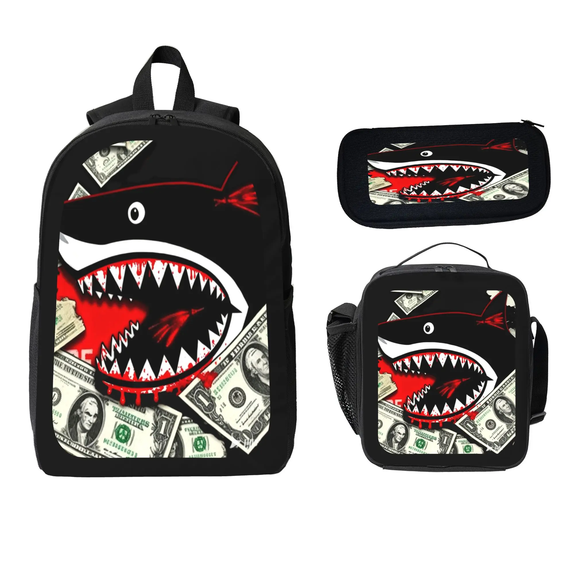 Street Shark Dollar Cash Graphic Backpack Set 3 Pieces, Bold Black Red Shark Art Print Bookbag with Insulated Lunch Bag Pencil Case, Urban Streetwear Aesthetic Back to School Backpack for Teen Boys Unique Graphic Fans