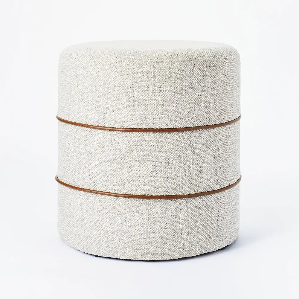 Catalina Round Ottoman Cream with Leather Piping - Threshold designed with Studio McGee