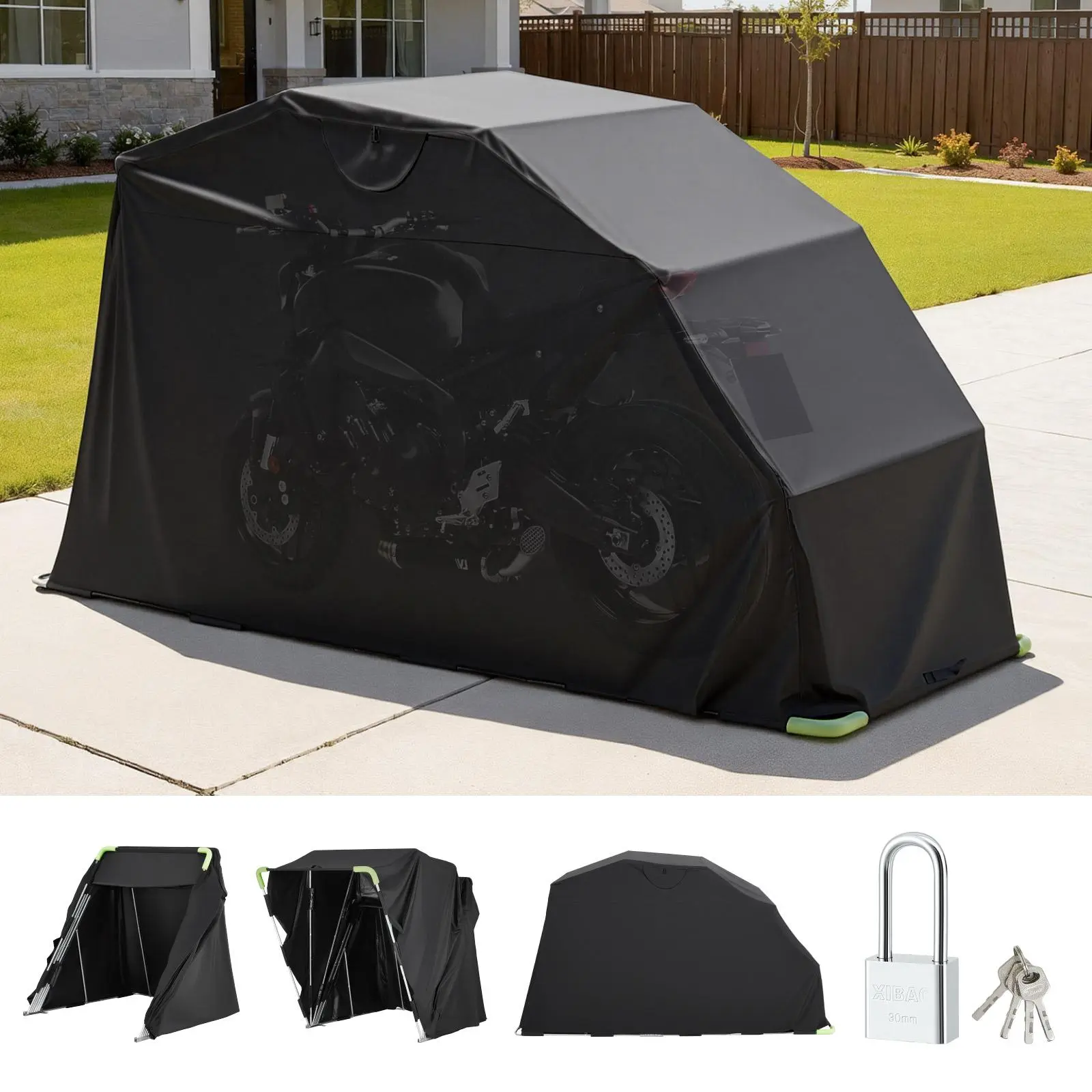 【BackToSchool】VEVOR Motorcycle Storage Shelter, 600D Oxford Cloth Outdoor Flip-Up Garage Tent with Non-Bending Galvanized Steel Frame, Anti-Theft Lock, Dual-Side Ventilation Windows, 136x54x75in Heavy-Duty All-Weather Cover for Bikes & Most Motorcycles, B