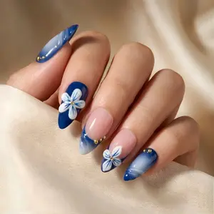 Ocean Bloom Elegance Press On Nails - Serene Navy Ombre with White Florals & Gold Accents for Elegant Soirées