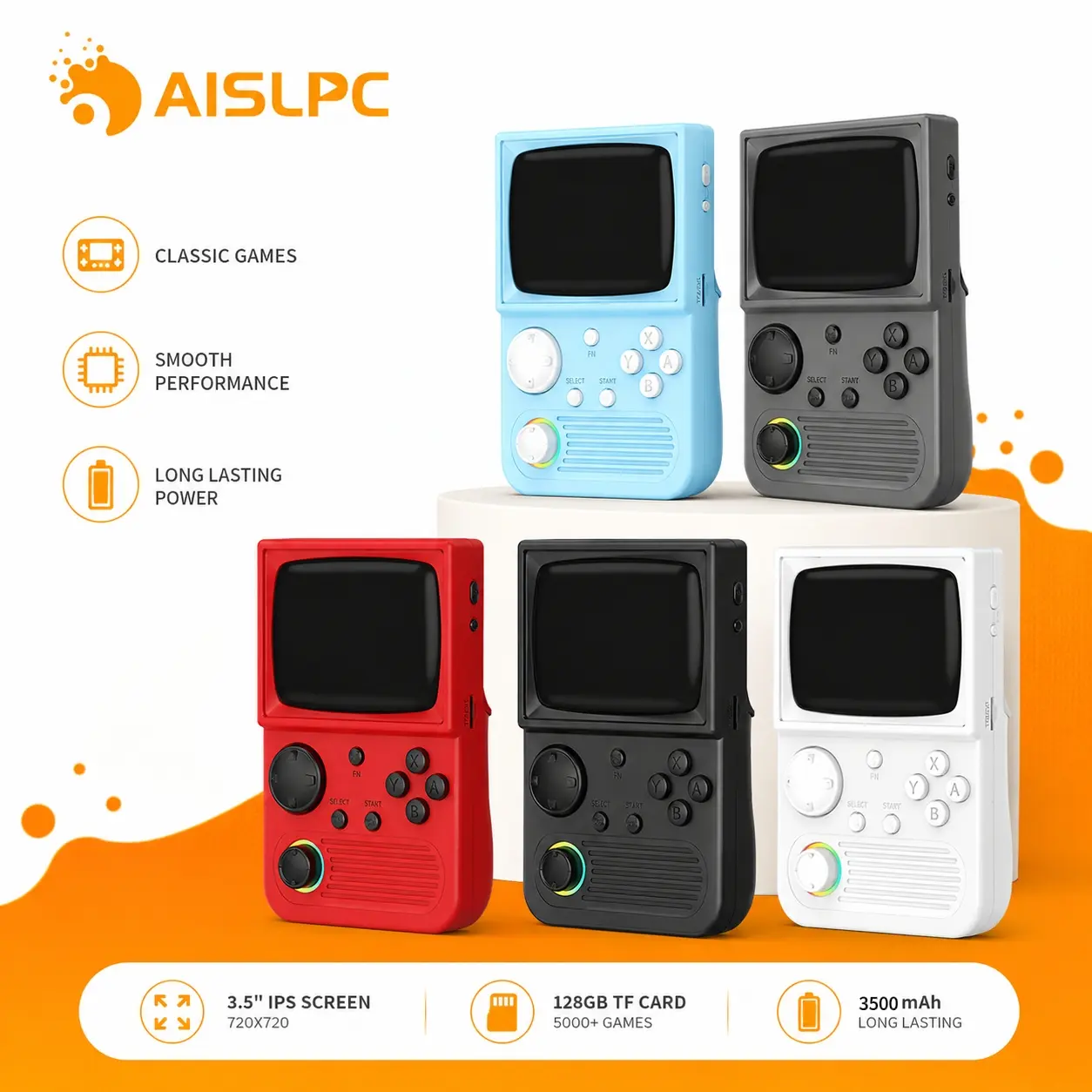 AISLPC Retro Game Console, Handheld Video Game Player, 3.5 Inch IPS Screen, RK3326 Linux System, 128GB with 5000+ Games, WiFi & OTG Support, 3500mAh Battery, Carrying Case, Christmas & Birthday Gifts