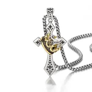 Men's Stainless Steel Crown Cross Pendant Necklace | Two-Tone Gothic Jewelry