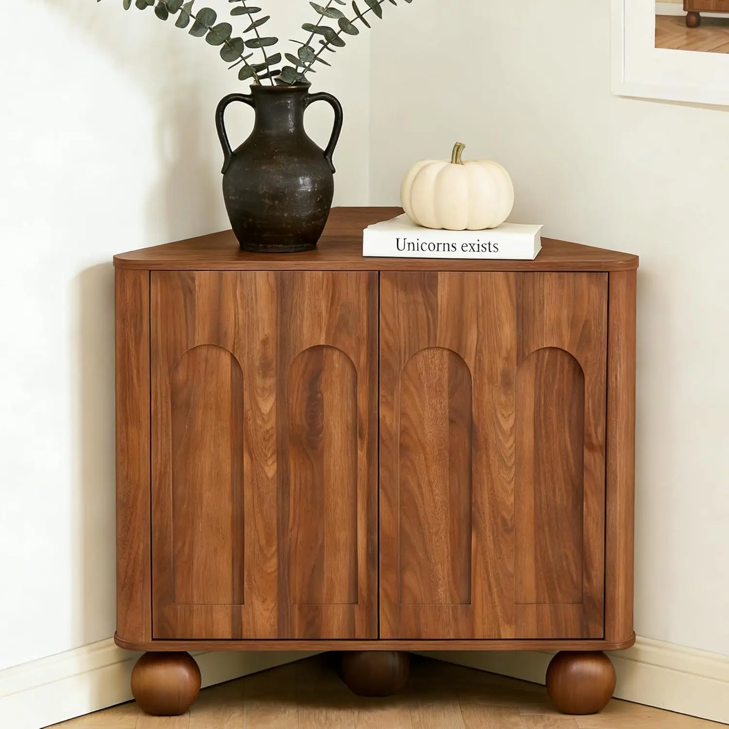FurSch Modern Space-Saving Corner Storage Cabinet with Adjustable Shelf, Curved Edge Design for Living Room, Kitchen or Bathroom