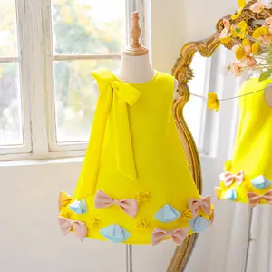 3-8Y Yellow 6096 Kids Clothes Flower Girls Frock Bow Floral Ball Gown Pageant Children Elegant Princess Prom Host Formal Evening Party Banquet Cocktail Dress