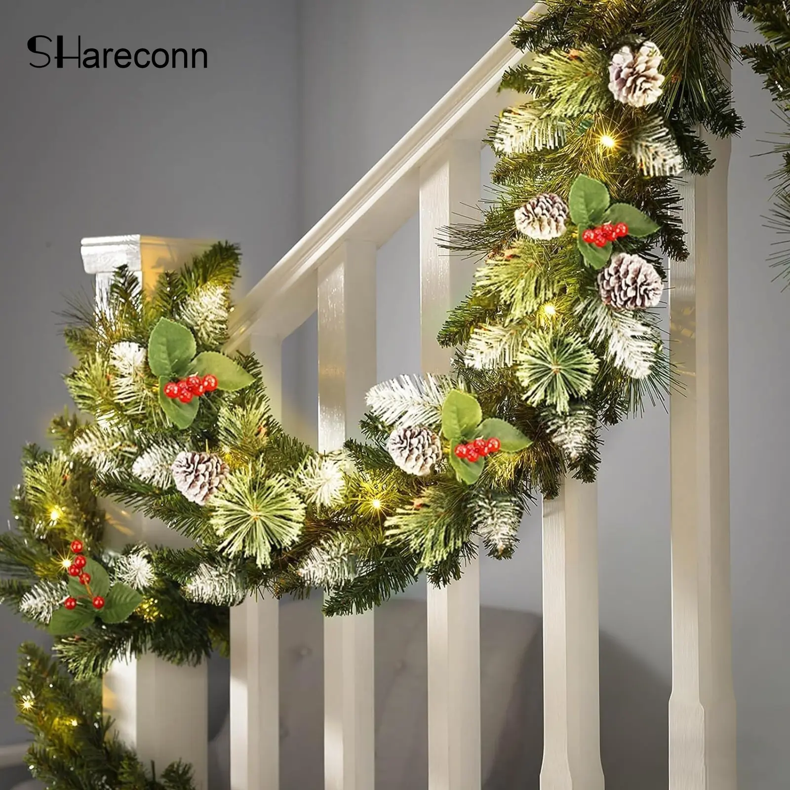 SHareconn 9FT PVC Classic Prelit Artificial Christmas Garland with Round Multicolor Color-Changing String Lights, Timer, Battery-Operated for Mantle, Wall Hanging, Window Frame Decorative Colorful Lighting, Decorative Lights, Color-Cycling Light-Up Wreath