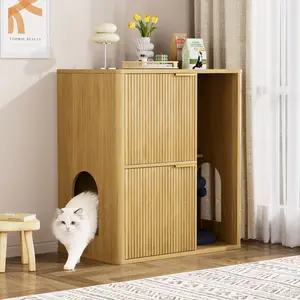 31.5-Inch Pet Furniture Cabinet: Concealed Litter Box Enclosure with Cat Tree, 2 Cat Doors & Storage Shelves - Light Wood Cat Litter Furniture for Home