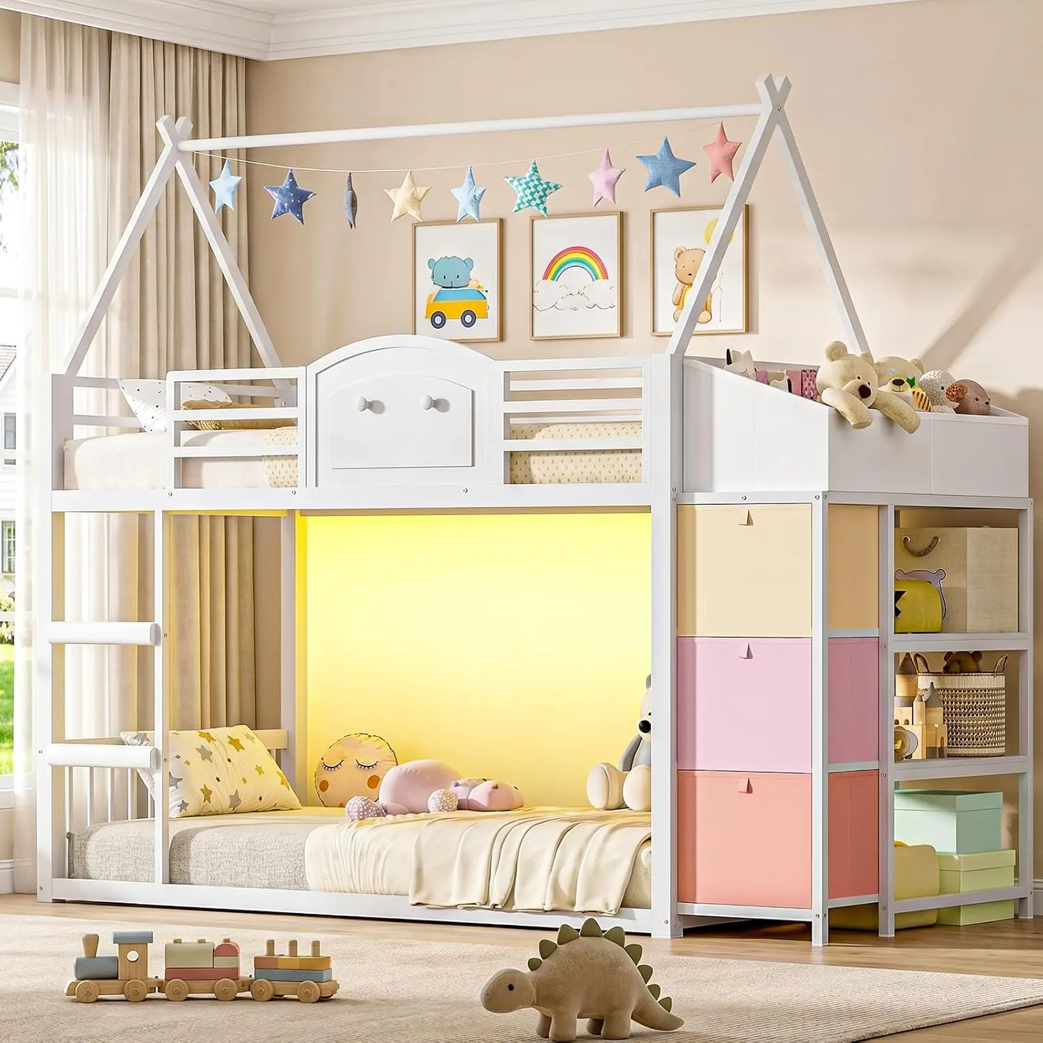 VIAGDO Bunk Bed Twin Over Twin with 3 Storage Drawers and Shelves, House Shaped Bunk Bed with Stairs and Guardrail, Metal Twin Floor Bed with LED Lights for Kids Teens Boys Girls, Dorm, Bedroom, White