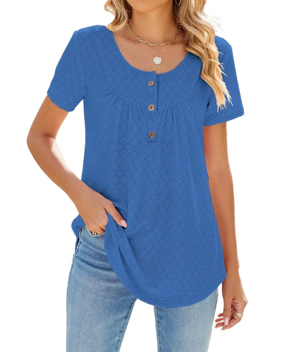 USBOUTIQUE CHIC Women's Comfortable Short Sleeve Top Henley Neck Relaxed Fit Textured Fabric Casual Everyday Loose Tunic