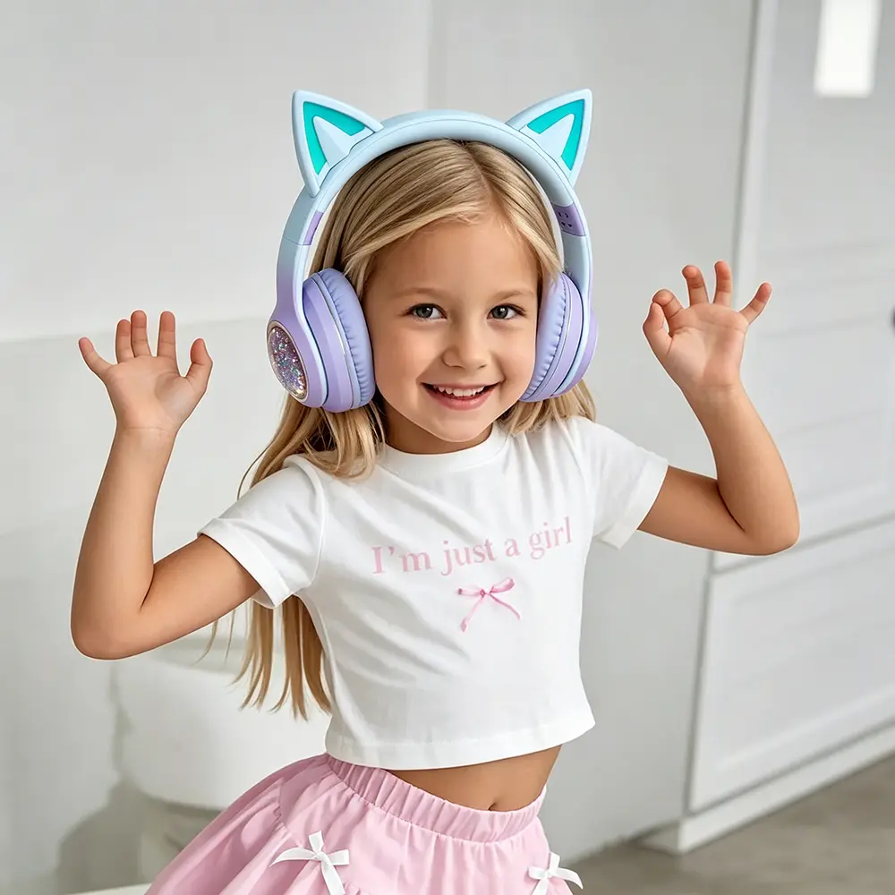 Cat Ear Kids Bluetooth Over-Ear Headphones with LED Light, Easy Control Buttons, Fast Connection, 3.5mm Wired Mode, Wireless Audio Headset for Girls, School Study Music Use, Kids Gift