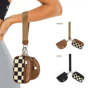 Women's Minimalist Fashion Wristlet Portable Handbag for Cash Cards Keys & Small Items with Checkered Pattern Ideal for Outdoor Use Brown & Black Options
