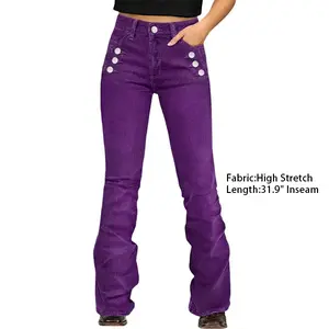 Flamingal Solid Button Detail High Waist Bootcut Pants