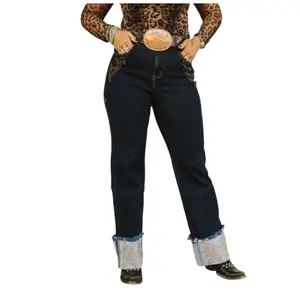 Women’s Dark wash embroidered cuff high rise trouser Jeans