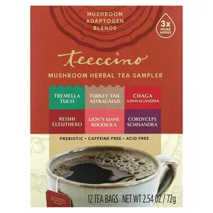Teeccino Mushroom Herbal Tea Sampler, 6 Flavors, Caffeine Free, 12 Tea Bags, 2.54 oz (72 g)